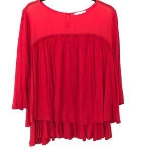 ANTHROPOLOGIE Pebble and Stone Red Double Ruffle Swing Top Sz S
